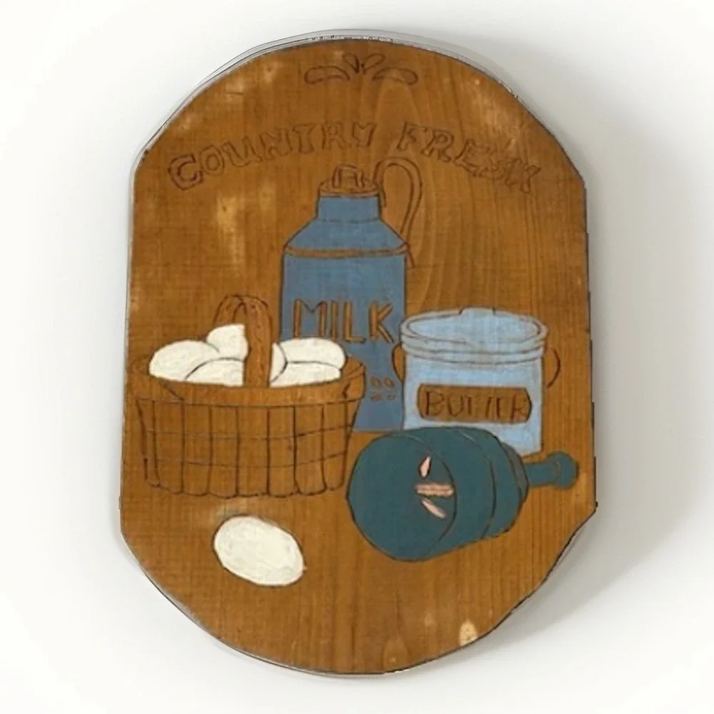 Vtg MCM Folk Art Grandma Country Wood Slab Milk Butter Handmade Wall Decor